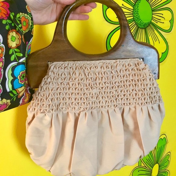 Vintage 70s Bermuda bag purse wooden top handles - Picture 2 of 6